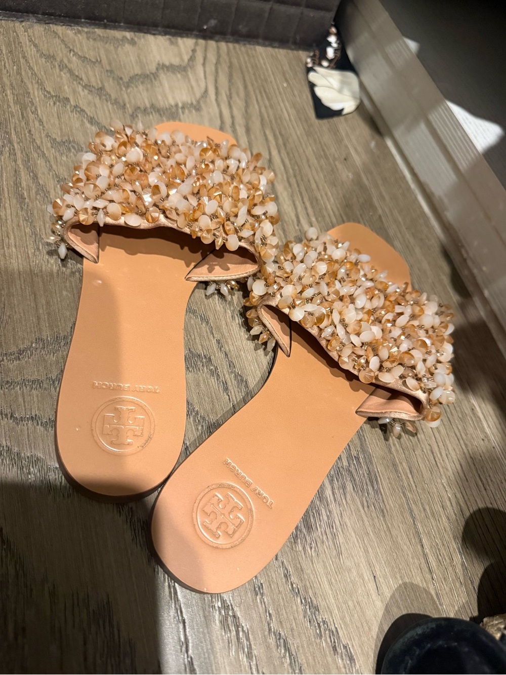Tory Burch Peach Tan Beaded Floral Slide Sandals